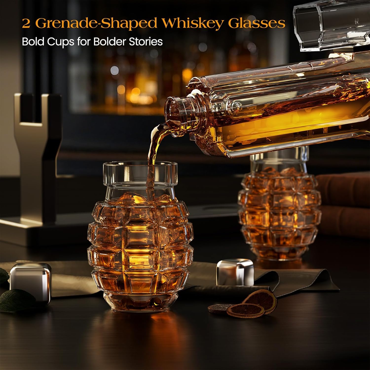 Kollea Sniper Whiskey Decanter Set with 2 Granade Glasses